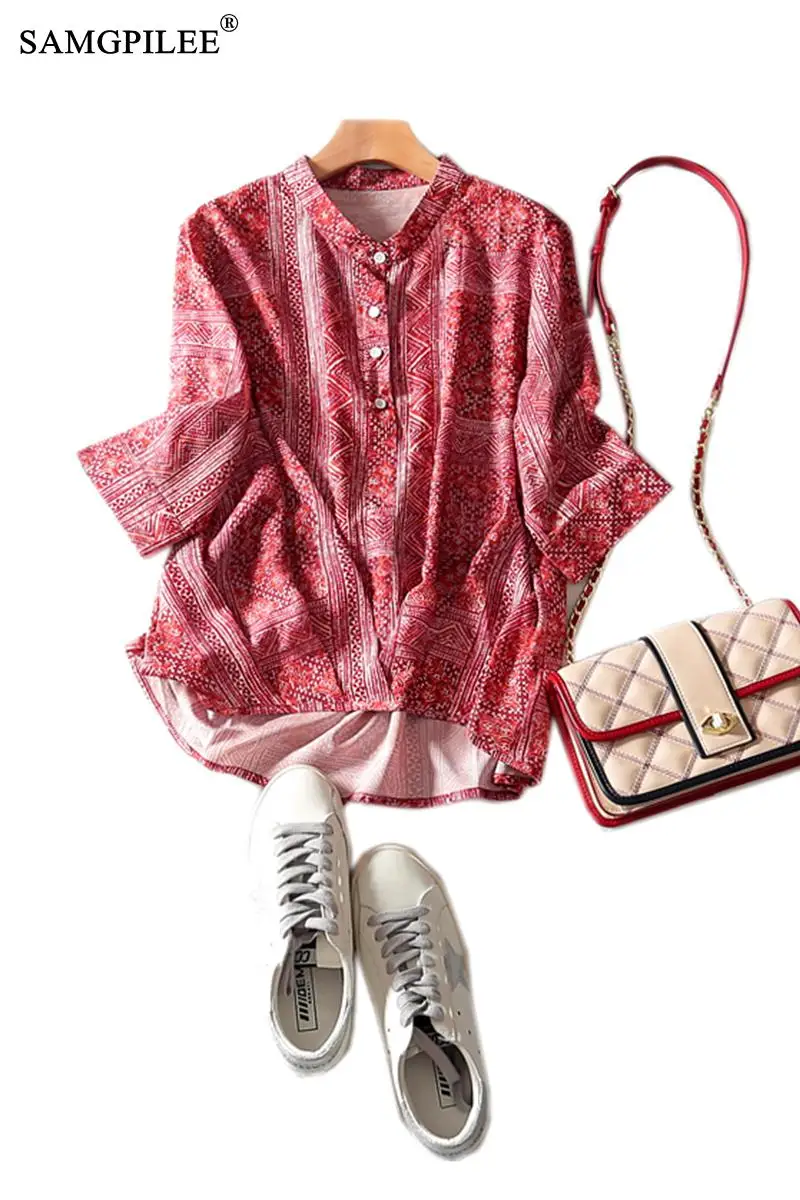 Tops Women 2020 Women Summer Shirt Casual Tshirt Oversize Womens Chiffon Three Quarter Sleeve Print Stand Collar Shirt Woman 3XL
Tops Women 2020 Women Summer Shirt Casual Tshirt Oversize Womens Chiffon Three Quarter Sleeve Print Stand Collar Shirt Woman 3XL