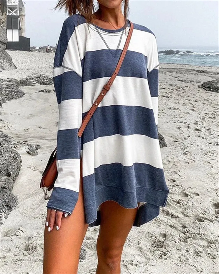 Autumn women's sweater 2020 new striped printed women's sweater striped long-sleeved side slit pullover
Autumn women's sweater 2020 new striped printed women's sweater striped long-sleeved side slit pullover