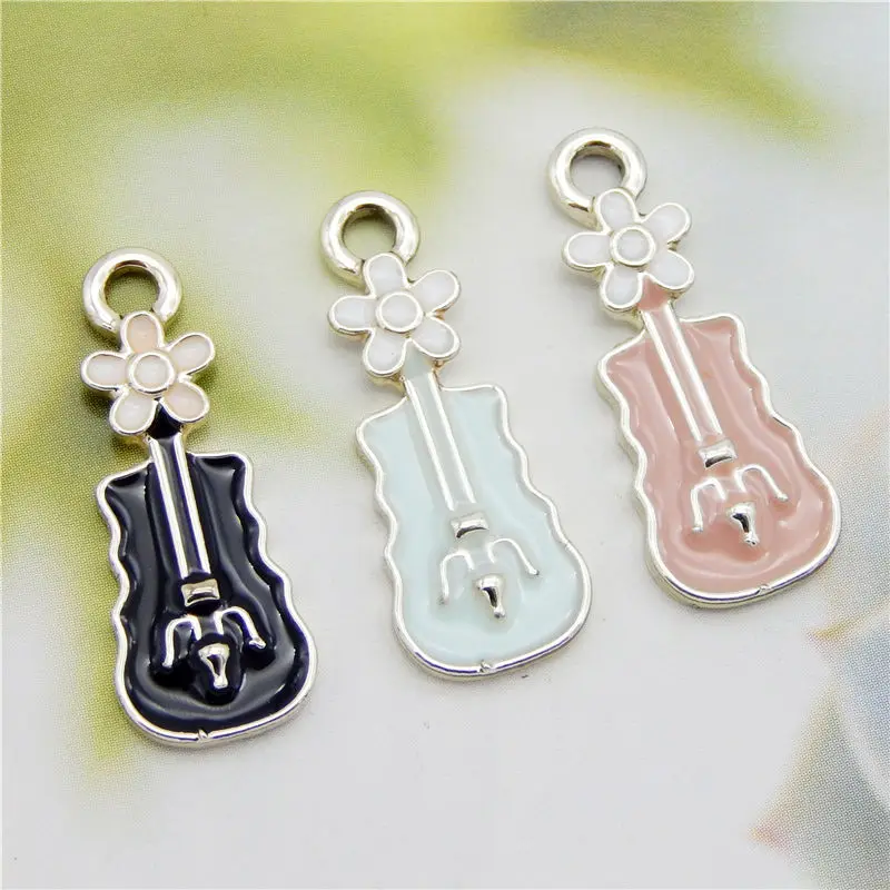 Julie Wang 6PCS Enamel Flower Violin Charms Black Blue Pink Cartoon Music Instrument Pendants Alloy Jewelry Making Accessory | Украшения и
