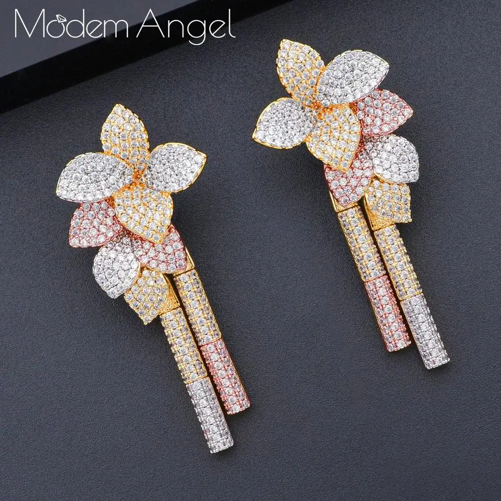Роскошные серьги ModemAngel в виде цветов и листьев с фианитами класса ААА женские для