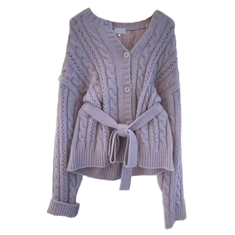 Autumn and winter big size sweater cardigan coat women's Hemp flower buckle waist wear lazy wind sweater 
Autumn and winter big size sweater cardigan coat women's Hemp flower buckle waist wear lazy wind sweater