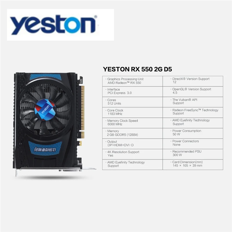 Yeston RX550D-2G 2G 128bit GDDR5 Speed Edition GPU Fan Graphics Card PCI Express 3.0 1183/6000MHz External Gaming Video Module
Yeston RX550D-2G 2G 128bit GDDR5 Speed Edition GPU Fan Graphics Card PCI Express 3.0 1183/6000MHz External Gaming Video Module