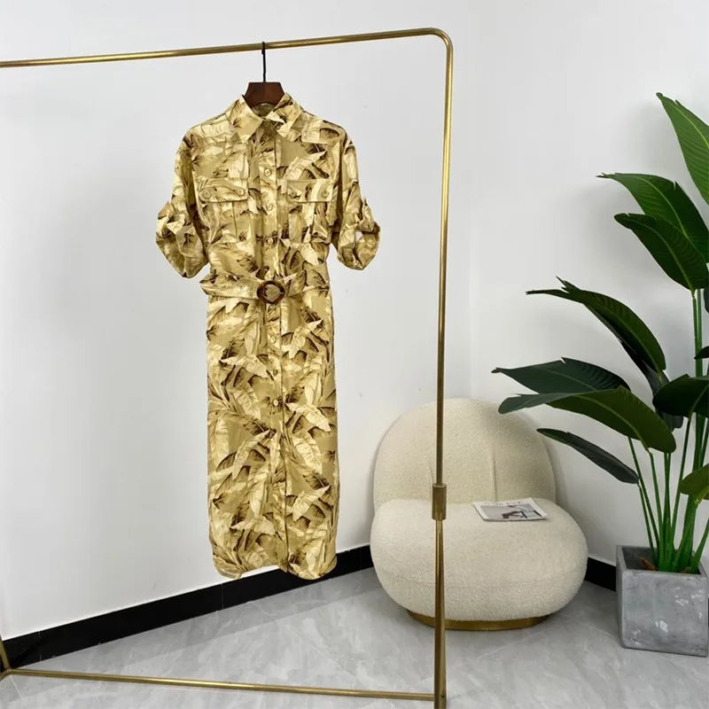 Summer Clothes 2021 High Quality Lady Kahaki Botanical Leaf Print Single Breasted 100%Linen Midi Dresses With Belt
Summer Clothes 2021 High Quality Lady Kahaki Botanical Leaf Print Single Breasted 100%Linen Midi Dresses With Belt