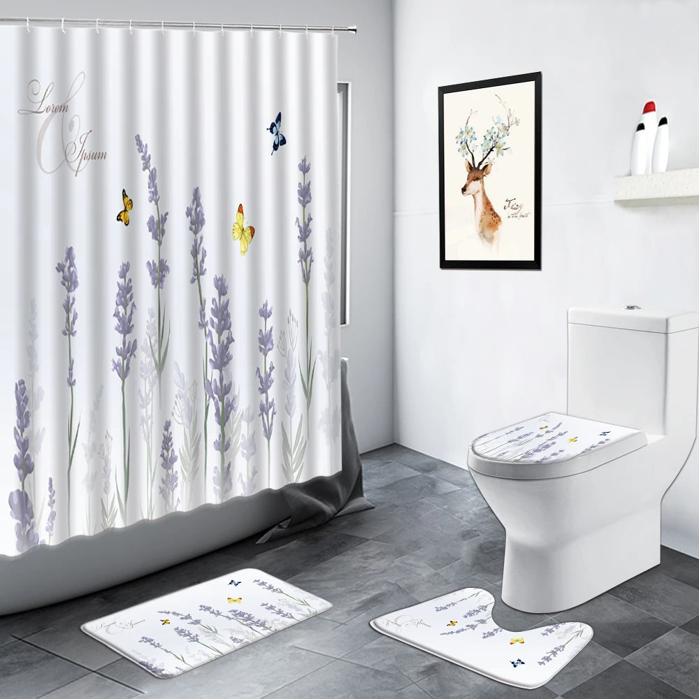 Purple Lavender Flowers Shower Curtains Butterfly Simple Floral Plant Green Leaves Bathroom Decor Non-slip Carpet Bath Mats Set
Purple Lavender Flowers Shower Curtains Butterfly Simple Floral Plant Green Leaves Bathroom Decor Non-slip Carpet Bath Mats Set