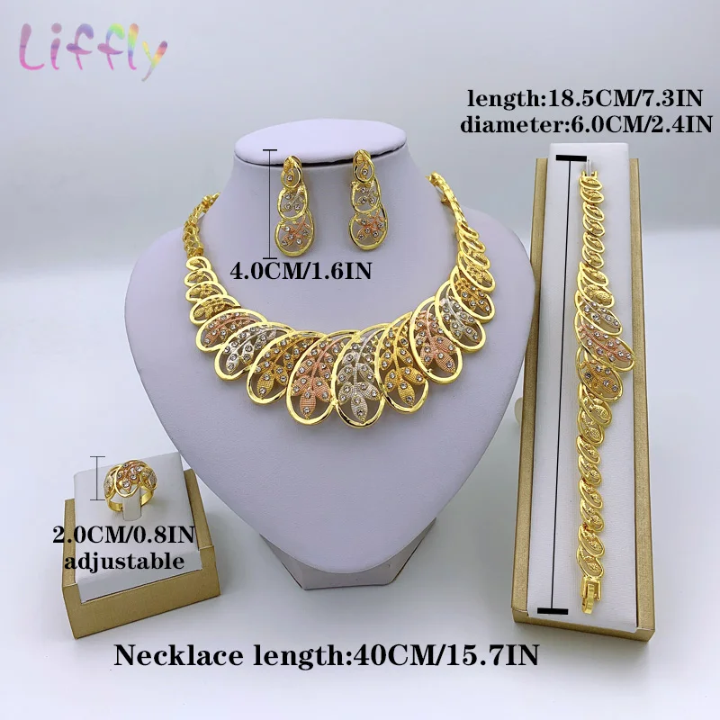 Liffly African Gold Jewelry Leaf Shape Necklace Crystal Bracelet Earrings Street Style Elegant Women Fashion Jewelry Set 
Liffly African Gold Jewelry Leaf Shape Necklace Crystal Bracelet Earrings Street Style Elegant Women Fashion Jewelry Set