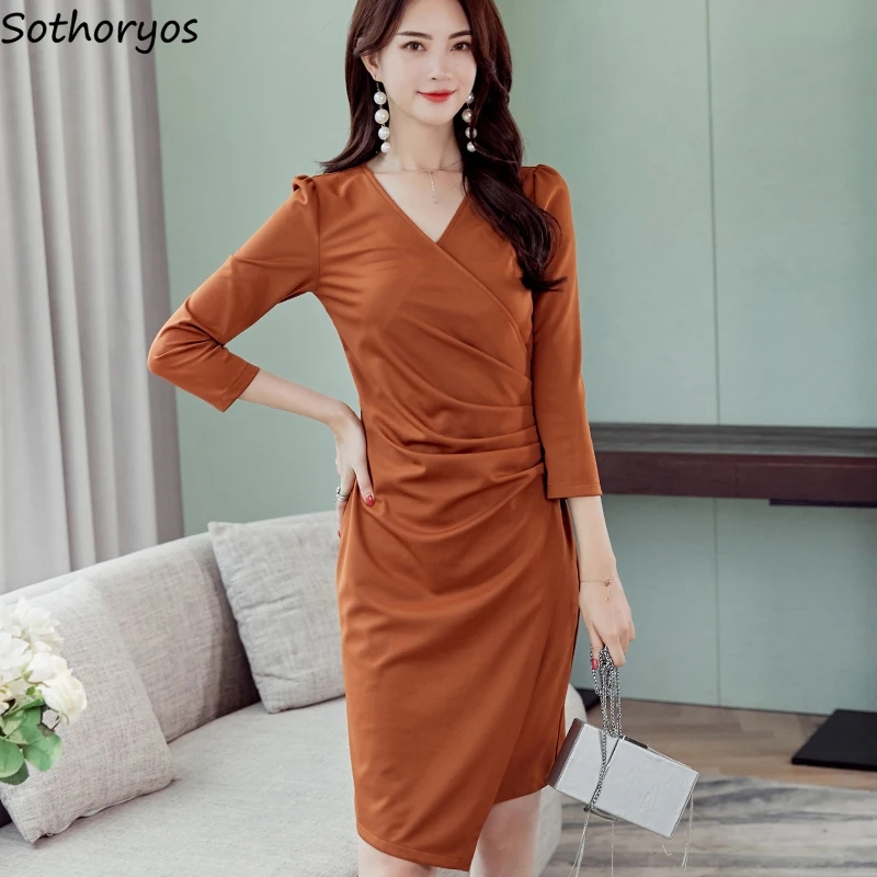 Dress Women Elegant Solid Simple V-neck All-match Ladies Long Sleeve Mini Dresses Leisure Womens Korean Style Slim 2020 A-Line
Dress Women Elegant Solid Simple V-neck All-match Ladies Long Sleeve Mini Dresses Leisure Womens Korean Style Slim 2020 A-Line