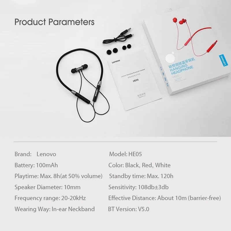 Lenovo HE05 Earphone Bluetooth5.0 Wireless Headphone Magnetic Neckband Earbud Waterproof Sport Headset with Noise Cancelling Mic
Lenovo HE05 Earphone Bluetooth5.0 Wireless Headphone Magnetic Neckband Earbud Waterproof Sport Headset with Noise Cancelling Mic