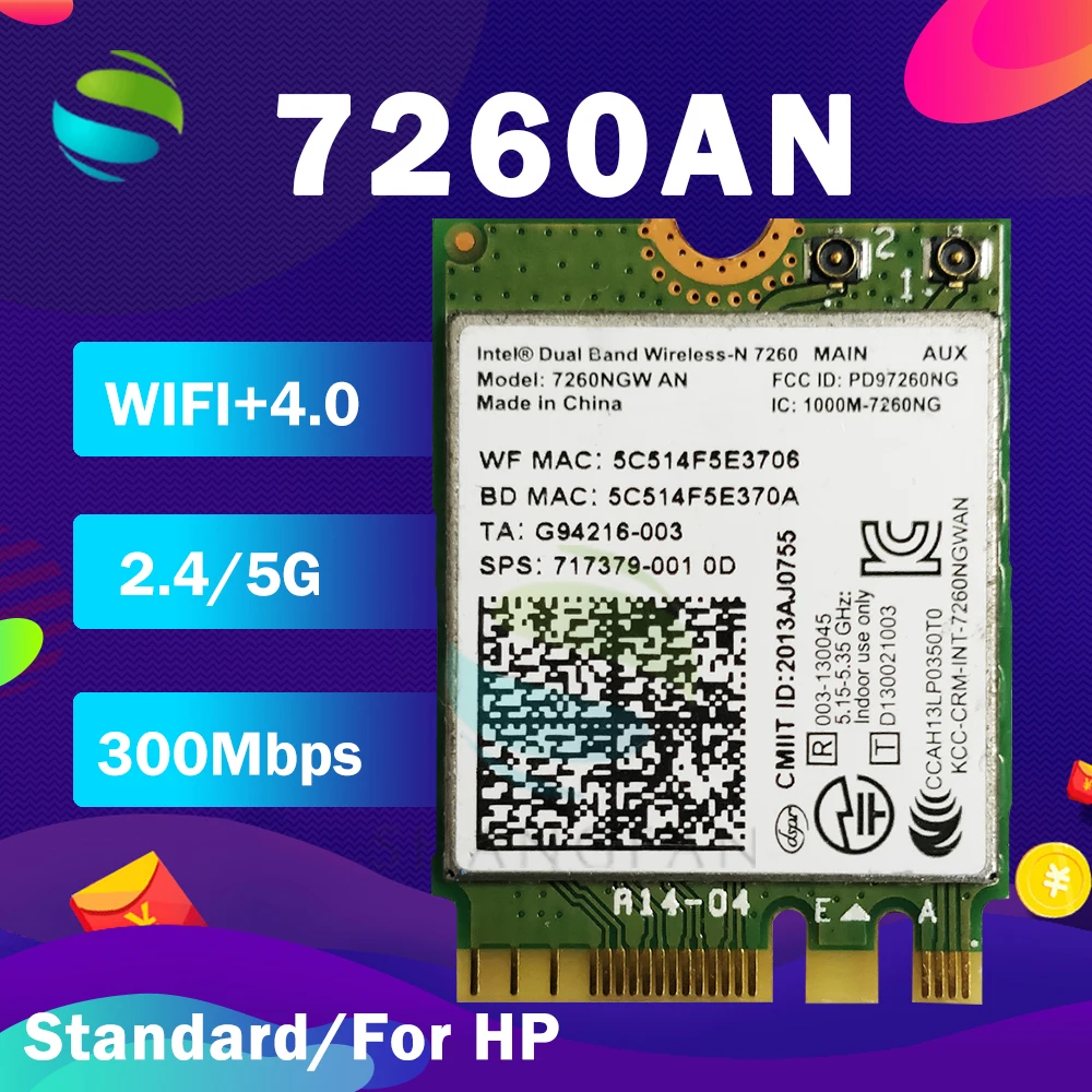 Intel Dual Band Беспроводной-N 7260NGWAN 7260NGW 7260AN SPS 717379-001 аккумулятор большой емкости 300 Мбит/с + BlueTooth4.0 NGFF PCIe Wi-Fi Беспроводной карты
Intel Dual Band Беспроводной-N 7260NGWAN 7260NGW 7260AN SPS 717379-001 аккумулятор большой емкости 300 Мбит/с + BlueTooth4.0 NGFF PCIe Wi-Fi Беспроводной карты