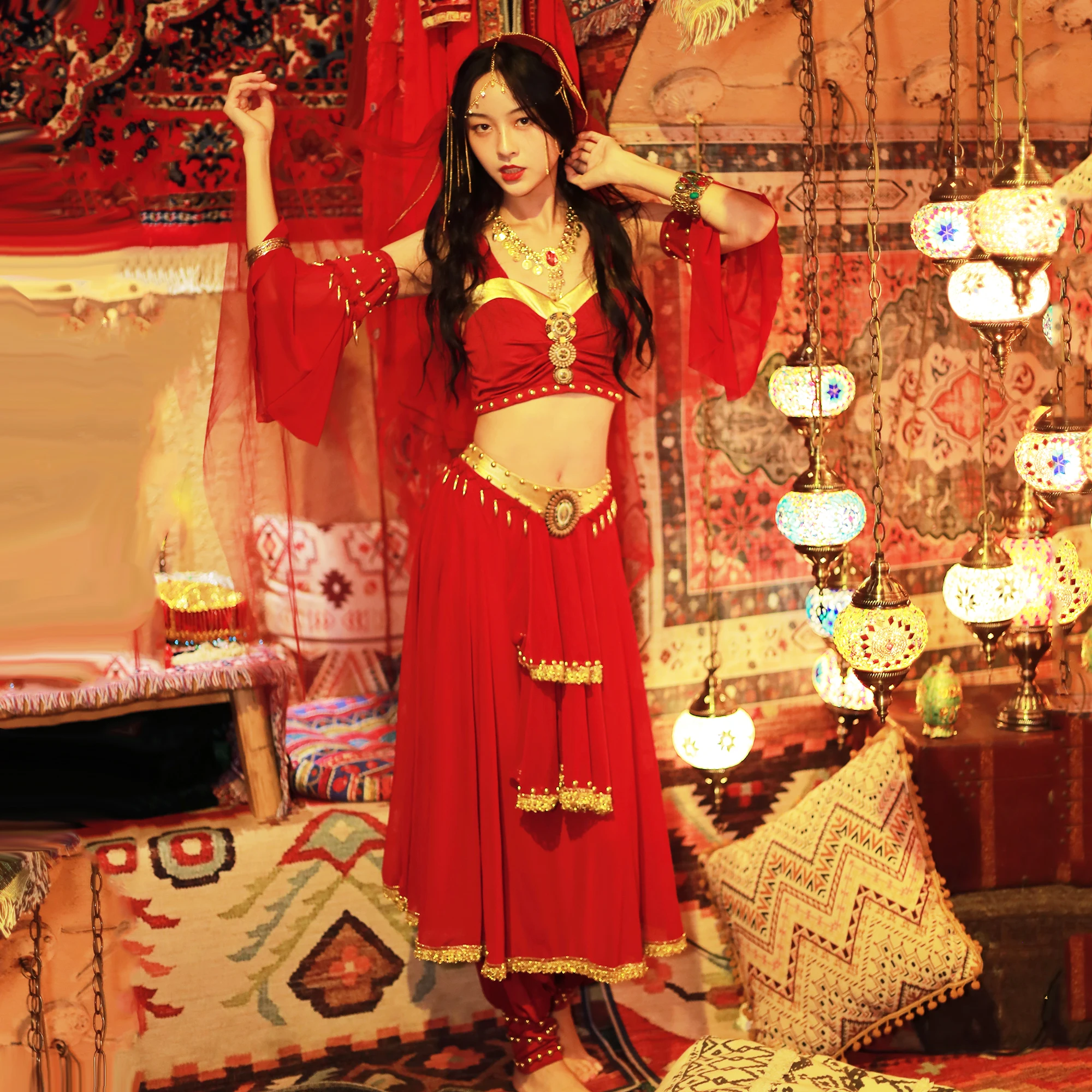 Женская одежда для Хэллоуина костюмы танца живота головной убор фата топ брюки