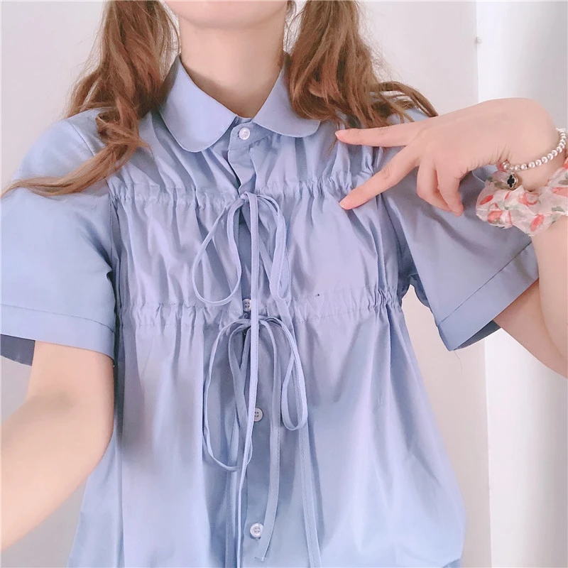 Jpapnese Original Summer New Short Sleeve Blouse Drawstring Bowknot Loose Folds Women Sweet Doll Collar Soft Sister Wild Tops
Jpapnese Original Summer New Short Sleeve Blouse Drawstring Bowknot Loose Folds Women Sweet Doll Collar Soft Sister Wild Tops