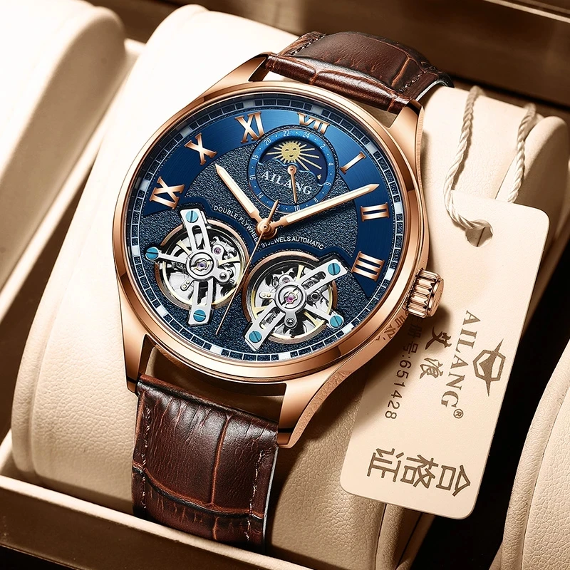 AILANG Brand Luxury Double Tourbillon Mechanical Watch Men's Genuine Leather Moon Phase 24 hours Waterproof Automatic Watches 
AILANG Brand Luxury Double Tourbillon Mechanical Watch Men's Genuine Leather Moon Phase 24 hours Waterproof Automatic Watches