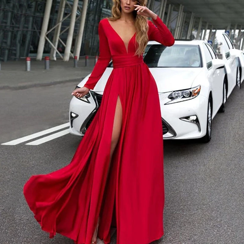 GY Elegant Burgundy Evening Dress Long V Neck High Split Satin Party Gowns Formal Women Prom Dresses
GY Elegant Burgundy Evening Dress Long V Neck High Split Satin Party Gowns Formal Women Prom Dresses