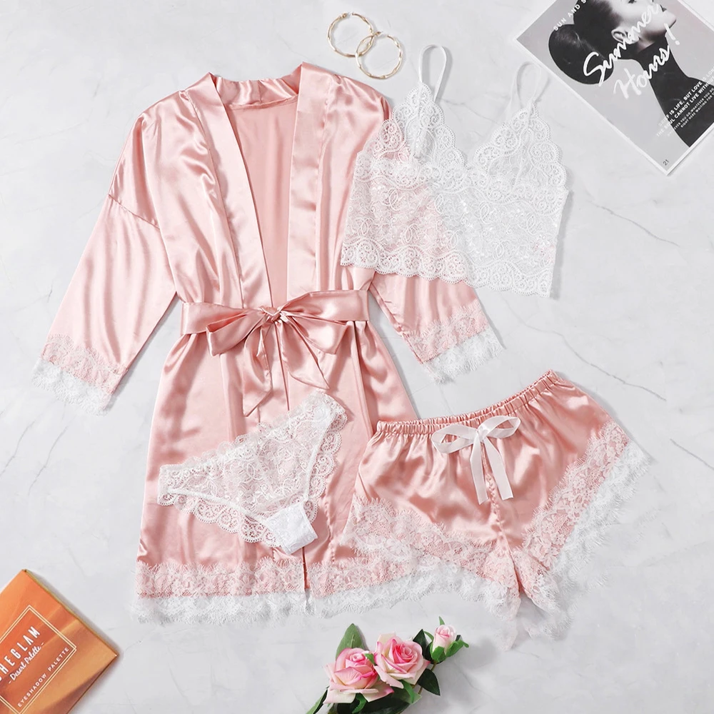 Pink Sexy V-Neck Silk Pajamas For Women Floral Satin Pajama Set Summer 4PC Pyjamas Women Satin Sleepwear Lingerie Pijama Mujer
Pink Sexy V-Neck Silk Pajamas For Women Floral Satin Pajama Set Summer 4PC Pyjamas Women Satin Sleepwear Lingerie Pijama Mujer