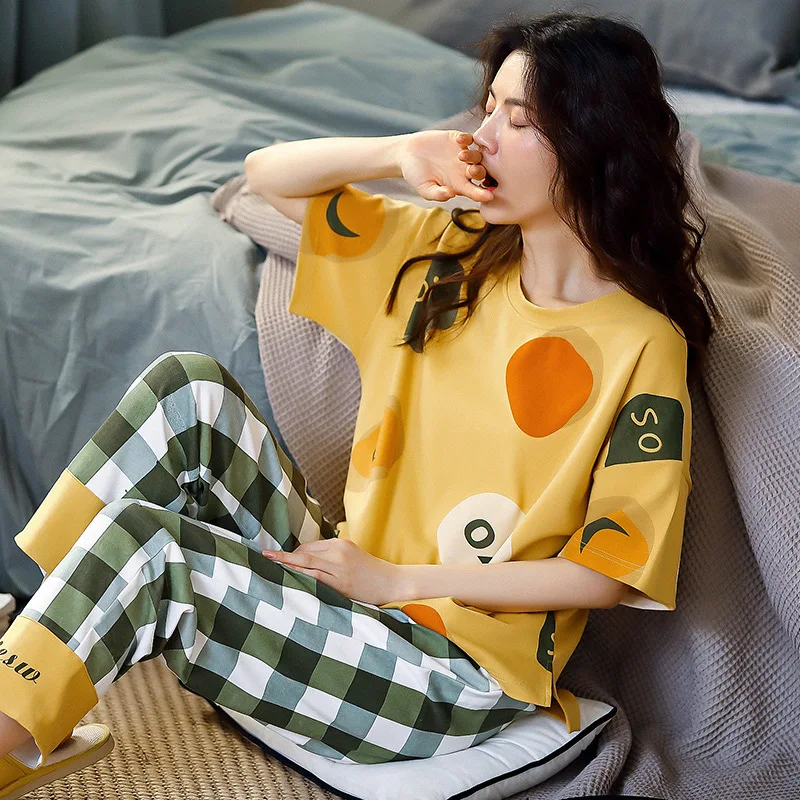 Minimalist Ladies Casual Nightshirt Wear Korean Style Simple Women Pajamas Short Sleeve Tops Straight Pants Loungewear Summer 
Minimalist Ladies Casual Nightshirt Wear Korean Style Simple Women Pajamas Short Sleeve Tops Straight Pants Loungewear Summer