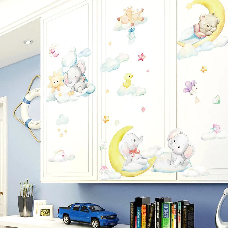 Спящая Луна слон медведь наклейки на стену для детской комнаты декор мультфильм