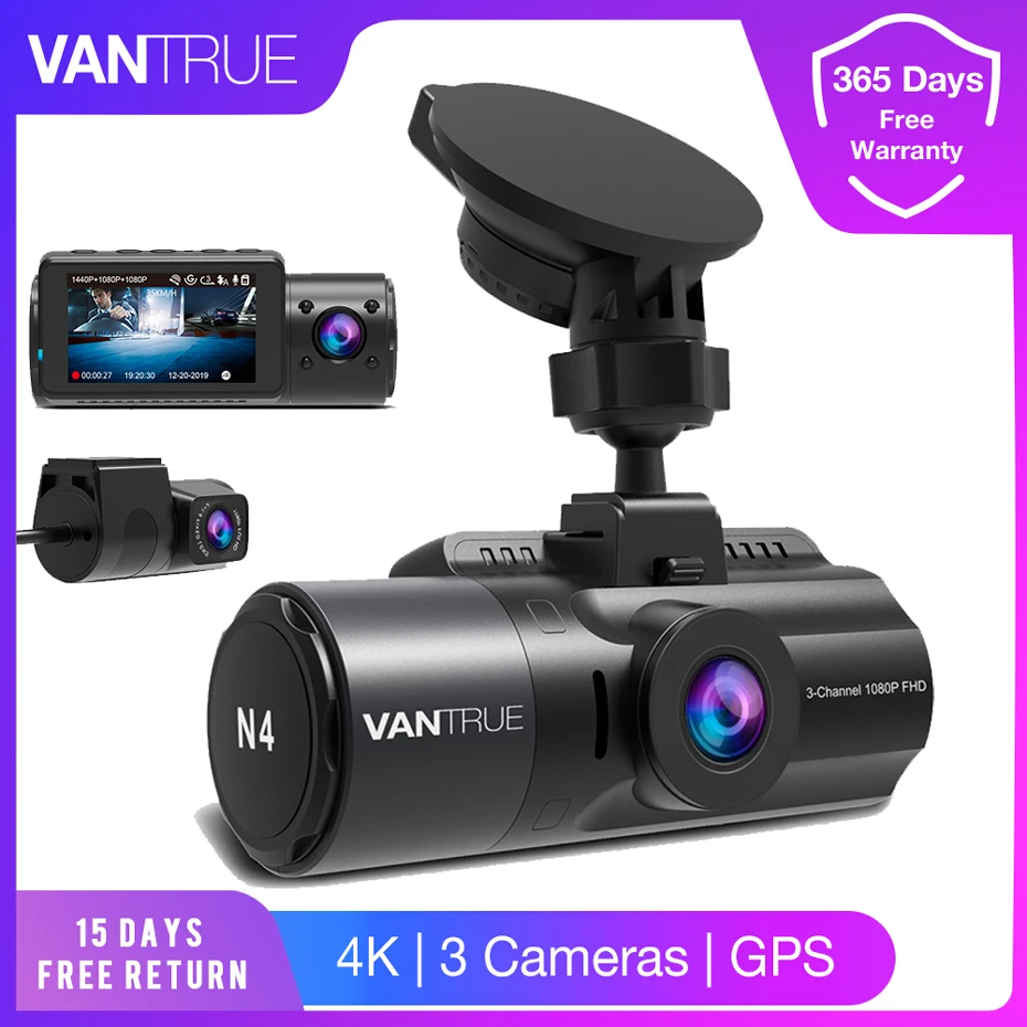 Vantrue Автомобильный видеорегистратор 4K 3 с двойной камерой передний и задний GPS