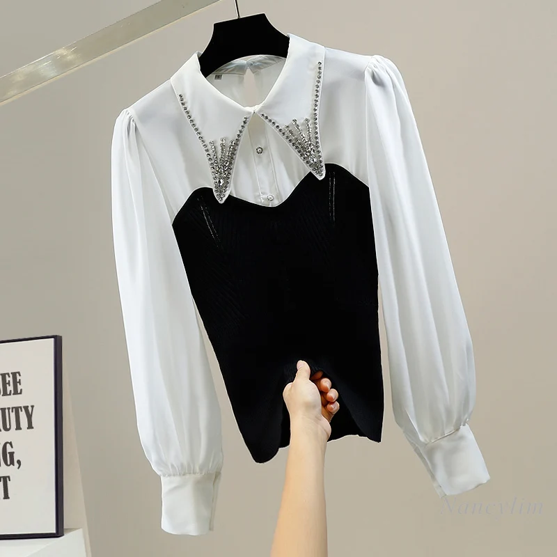 Rhinestone Turn Down Collar Blouse Women Fashion Color Contrast Knitting Patch Slim-Fit Stretch Elegant Top Lady Outwear Blusas
Rhinestone Turn Down Collar Blouse Women Fashion Color Contrast Knitting Patch Slim-Fit Stretch Elegant Top Lady Outwear Blusas