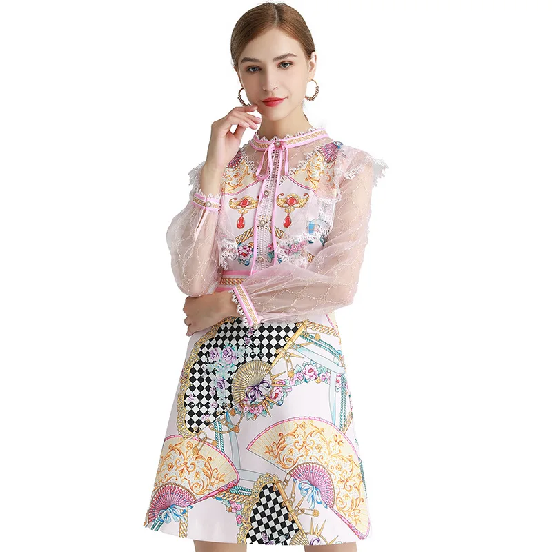 Elegant New round Neck Lace Edge Lotus Leaf Mesh Long-Sleeved Pink Fan Printed Waist-Controlled A- line Skirt
Elegant New round Neck Lace Edge Lotus Leaf Mesh Long-Sleeved Pink Fan Printed Waist-Controlled A- line Skirt