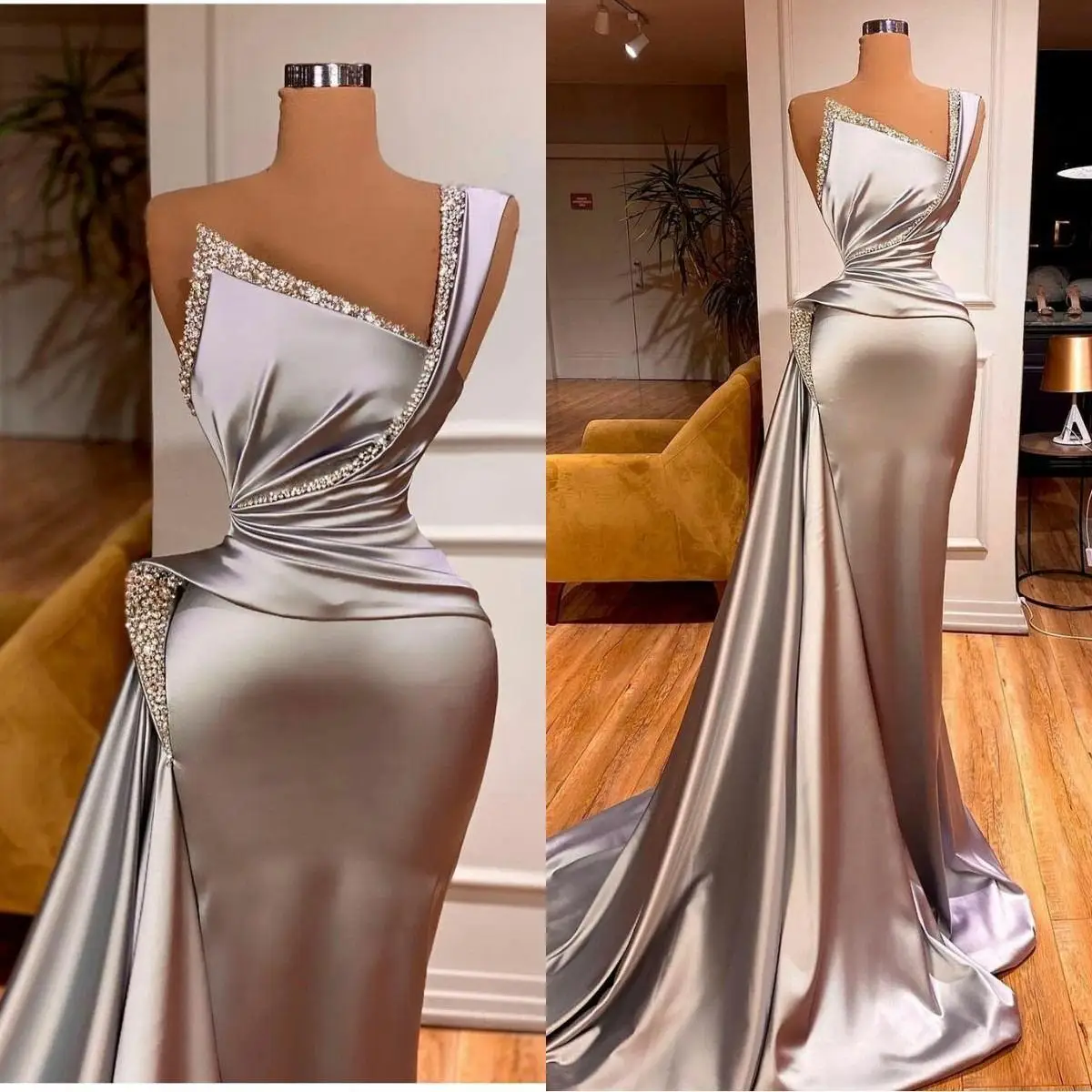 Silver Evening Dresses with Crystal Satin One Shoulder Mermaid Prom Dress Custom Made Ruffles Formal Robe De Soirée
Silver Evening Dresses with Crystal Satin One Shoulder Mermaid Prom Dress Custom Made Ruffles Formal Robe De Soirée