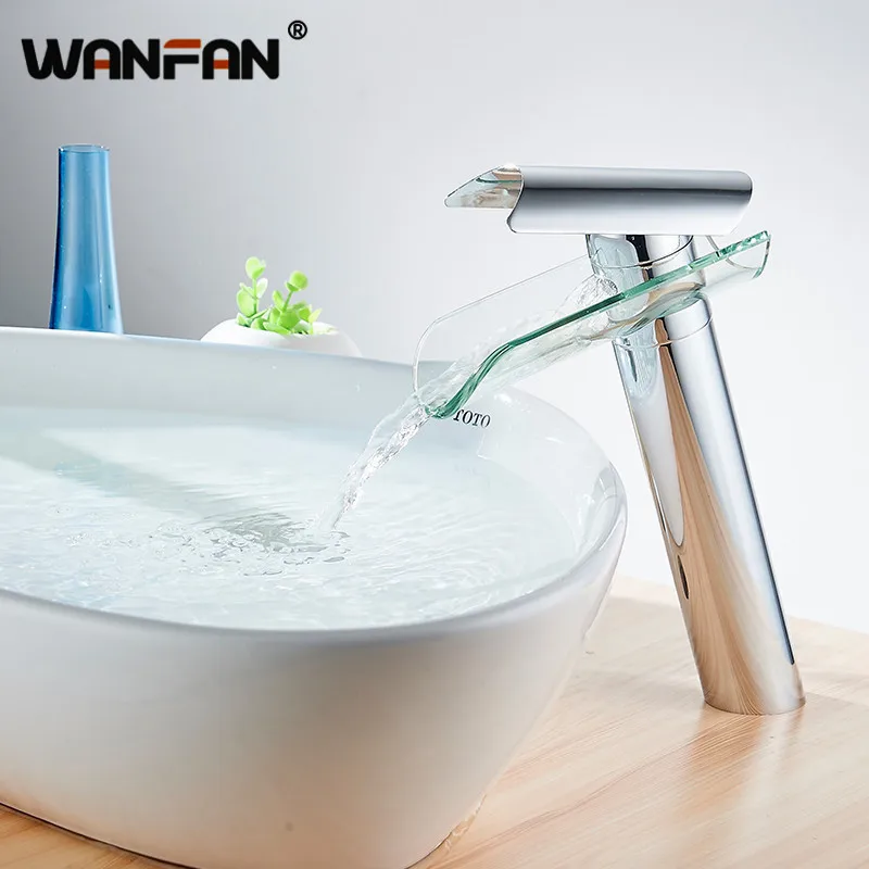 

Modern Waterfall Spout Glass Basin Faucet Bathroom High Chrome Finish Sink Faucets Single Handle Mixer Water Tap Torneira 88302