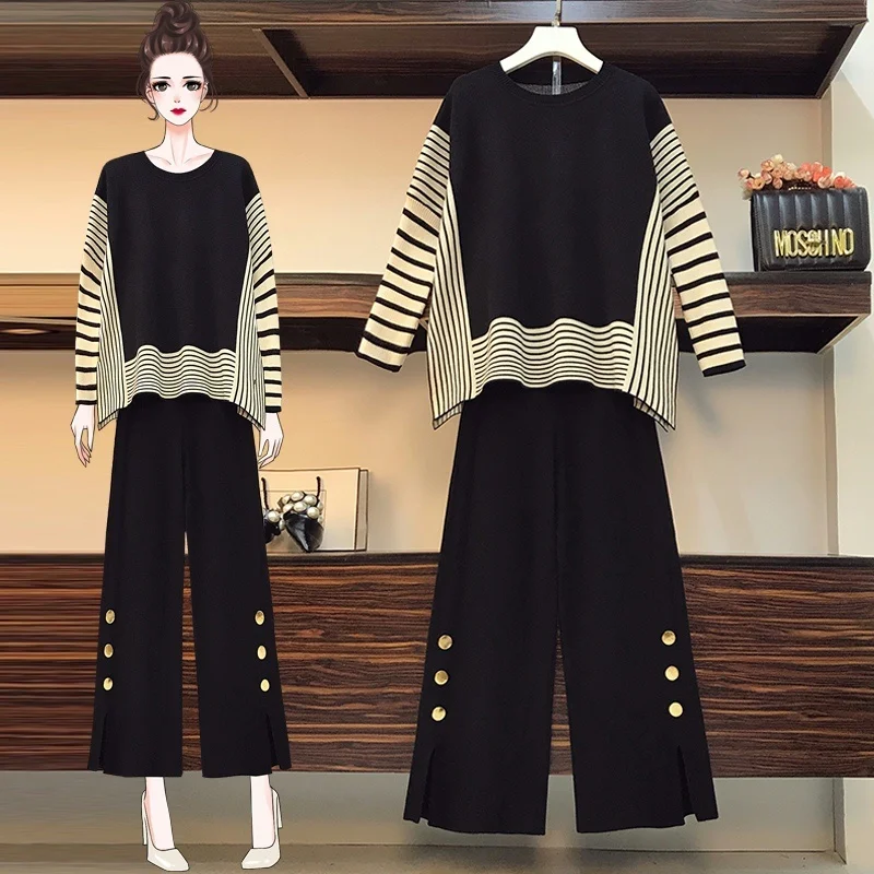 Euro Style Stripe Knitted Drape Wide-leg Pant Suit Two Piece Sets Winterthick Warm Women Sweater Tracksuits Long Straight Pants
Euro Style Stripe Knitted Drape Wide-leg Pant Suit Two Piece Sets Winterthick Warm Women Sweater Tracksuits Long Straight Pants