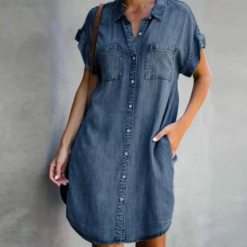 Women Short Sleeve Shirt Dress Loose Retro Solid Blue Jeans Denim Dress Summer Pockets Single-breasted Irregular Lady Dress Robe 
Women Short Sleeve Shirt Dress Loose Retro Solid Blue Jeans Denim Dress Summer Pockets Single-breasted Irregular Lady Dress Robe