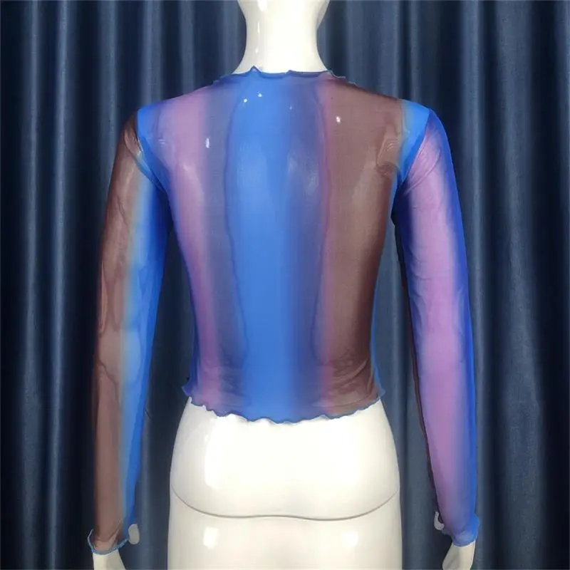 Sexy Patchwork Color Long Sleeve See Through T Shirt Women Summer Crop Top Blue O Neck Slim Skinny T-shirts Female Fashion Tee 
Sexy Patchwork Color Long Sleeve See Through T Shirt Women Summer Crop Top Blue O Neck Slim Skinny T-shirts Female Fashion Tee