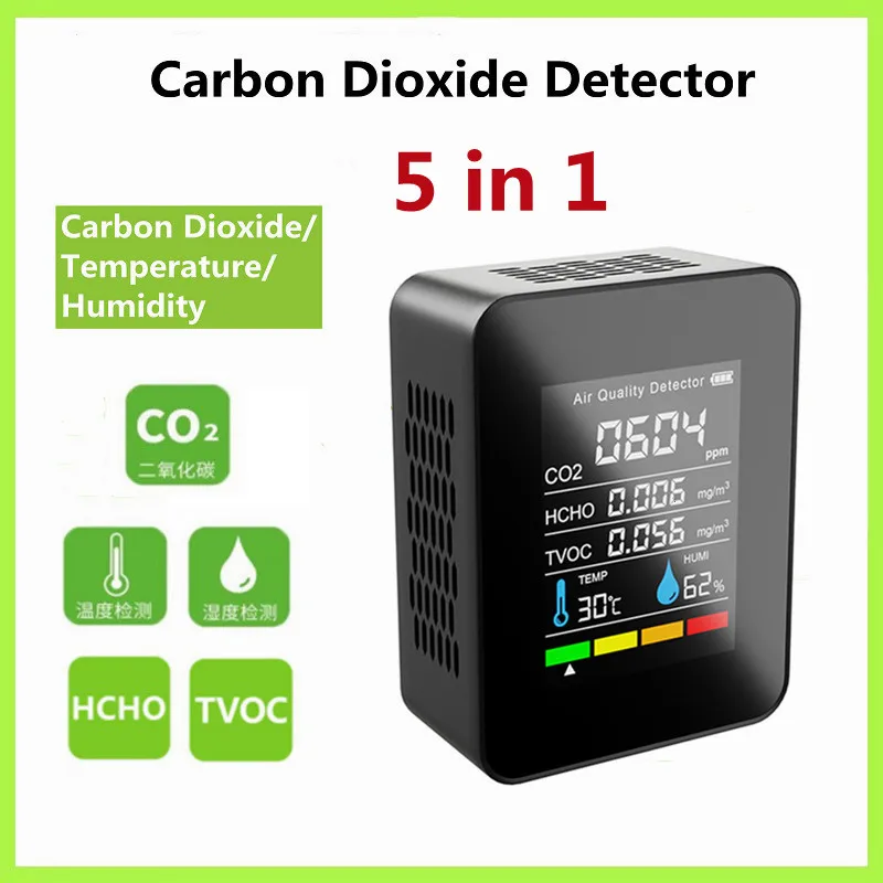 Multifunctional 5in1 CO2 Meter Digital Temperature Humidity Tester Carbon Dioxide TVOC HCHO Detector Air Quality Monitor
Multifunctional 5in1 CO2 Meter Digital Temperature Humidity Tester Carbon Dioxide TVOC HCHO Detector Air Quality Monitor
