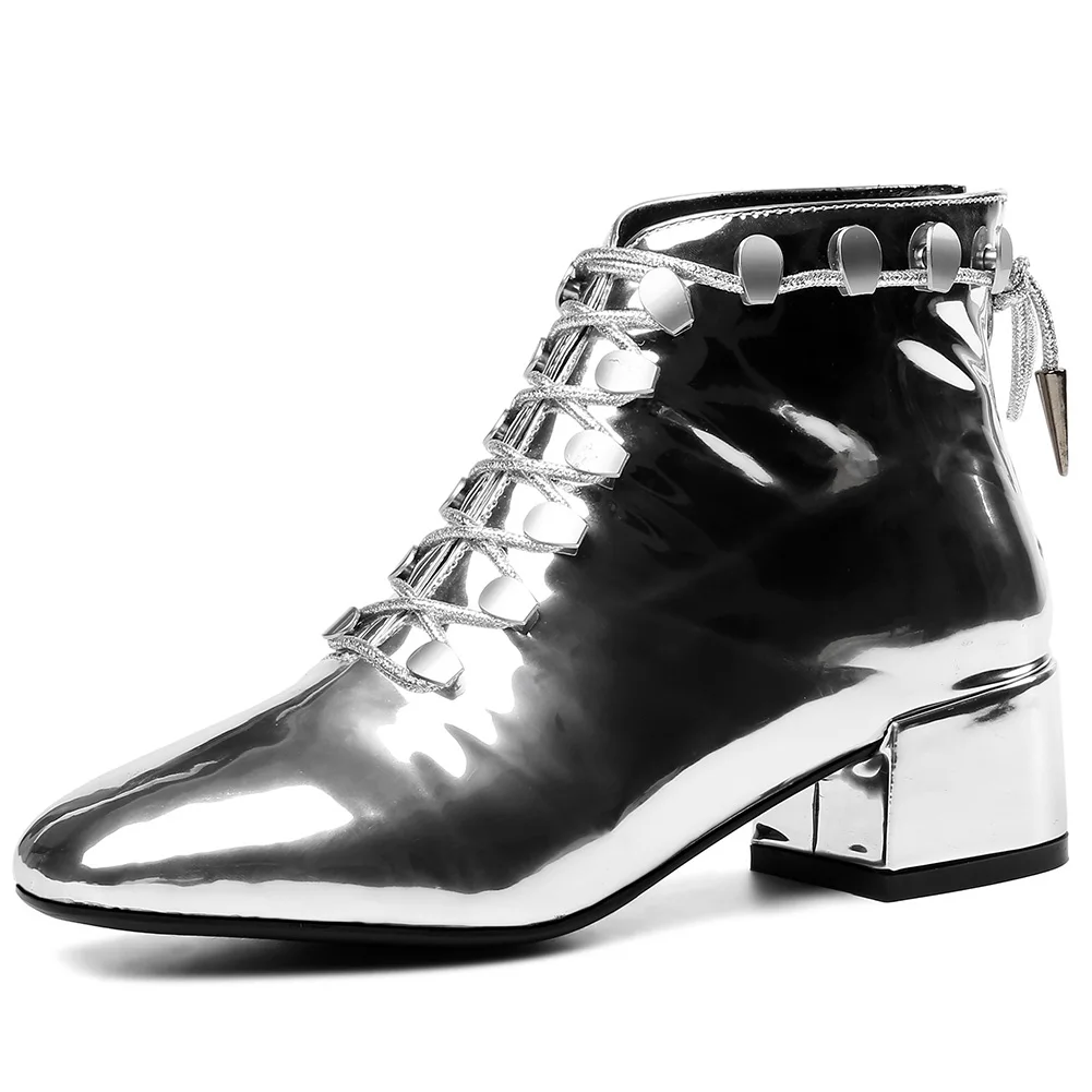 

DORATASIA Big Size 33-43 Female Patent Leather Boots Metal Decoration Ankle Boots Women Square Toe Chunky Med Heels Shoes Woman