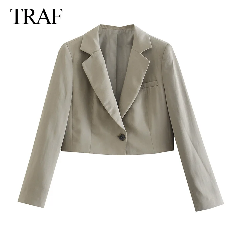 

TRAF ZA Women 2021 Commute Beige Linen Cropped Blazer Elegant Chic Office Business Suit Jacket Single Button Ladies Short Coat