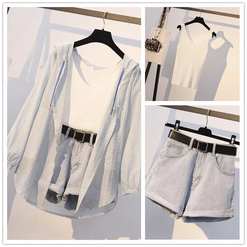 Summer 2022 Fashion Set Loose Long Sleeve Sun Protection Plaid Shirts Tops + High Waist Denim Shorts Suits Women Outfits Y803
Summer 2022 Fashion Set Loose Long Sleeve Sun Protection Plaid Shirts Tops + High Waist Denim Shorts Suits Women Outfits Y803