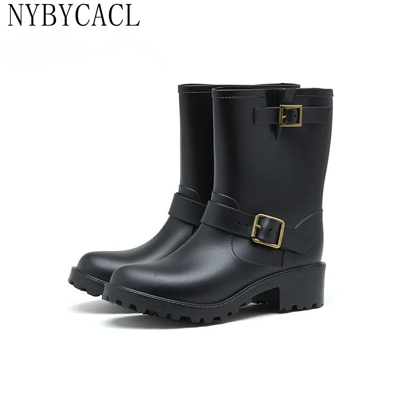 

Women Hot British Style Buckle Rain Boots Non-Slip Waterproof Water Shoes Woman Mid-calf Wellies Rubber overshoes Mujer galoshes