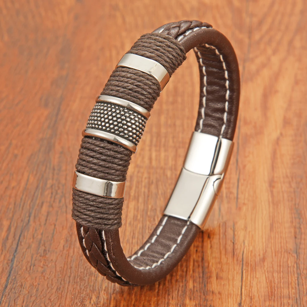 Punk Rock Style Men's Fashion Brown Leather Rope Braided Bracelet With Stainless Steel Magnetic Clasp Jewelry For Friends Gifts |