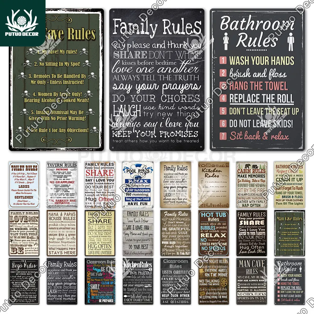 Putuo Decor Family Rule Sign Vintage Metal Tin Sign Retro Decorative Board Toilet Home Wall Decor Iron Painting Decorative Plate
Putuo Decor Family Rule Sign Vintage Metal Tin Sign Retro Decorative Board Toilet Home Wall Decor Iron Painting Decorative Plate
