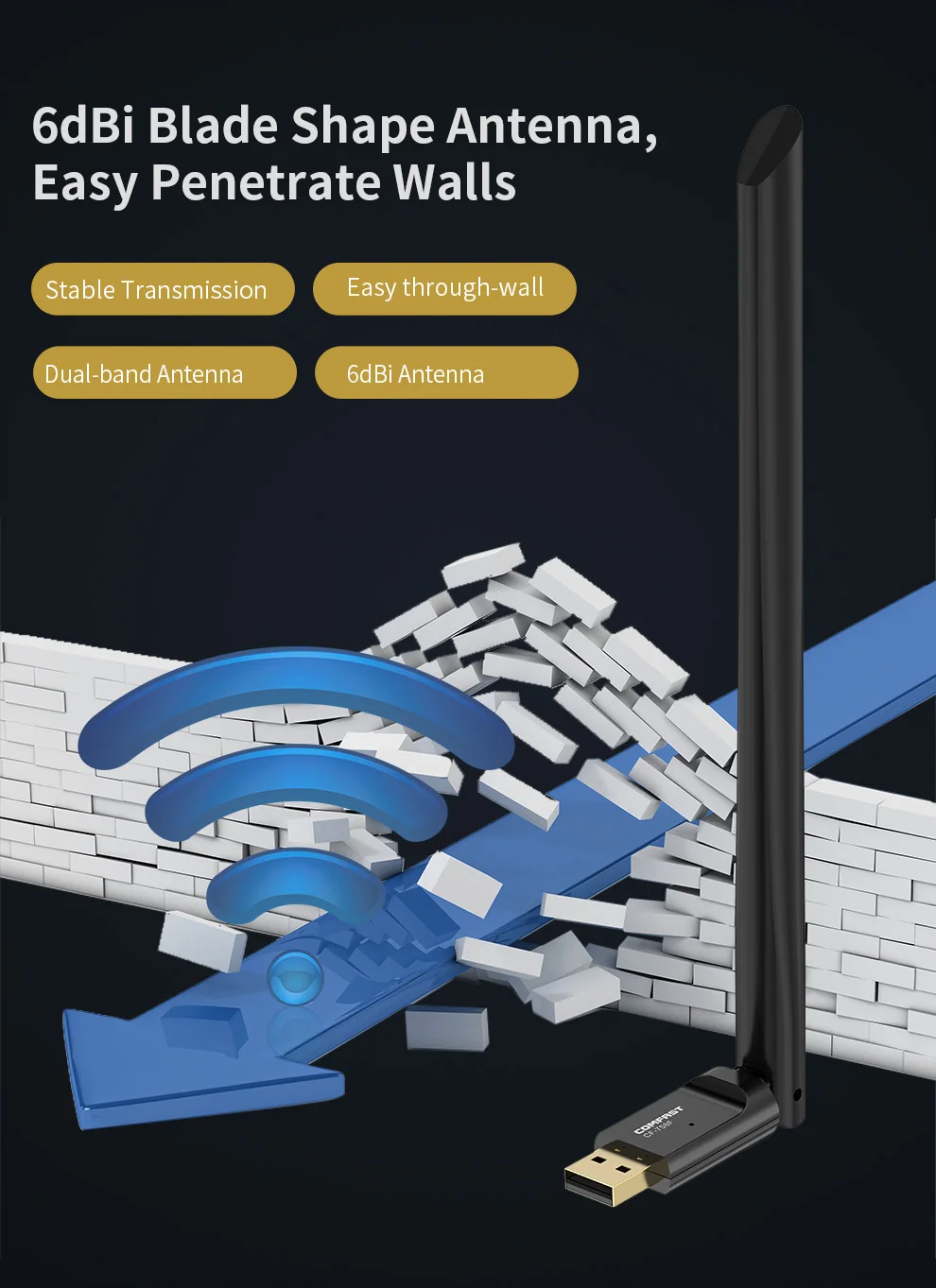 

CF-758F Network Card Free Driver 650Mbps Dual Band 2.4G&5.8G 802.11 a/b/n/g/ac Wifi USB Adapter 6dBi Antennas PC WiFi Receiver