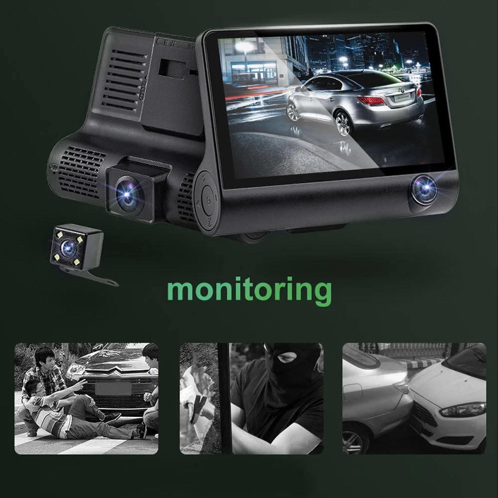 Автомобильный видеорегистратор LAMJAD с 3 камерами и объективом 4 0 дюйма двумя