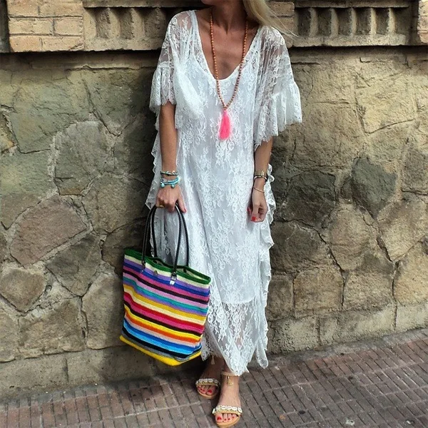 Oversize women's trumpet short sleeve V-neck holiday dress Sexy Lace Crochet Dress Party Dress 
Oversize women's trumpet short sleeve V-neck holiday dress Sexy Lace Crochet Dress Party Dress