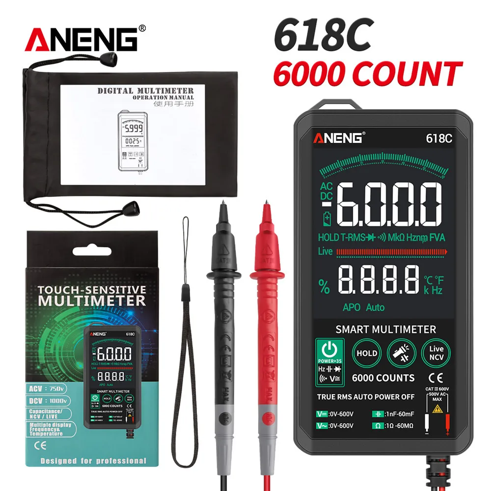 ANENG 618A/B/C Digital Multimeter 6000 Count Smart Touch DC Analog Bar True RMS Auto Tester Transistor Capacitor NCV Meter
ANENG 618A/B/C Digital Multimeter 6000 Count Smart Touch DC Analog Bar True RMS Auto Tester Transistor Capacitor NCV Meter