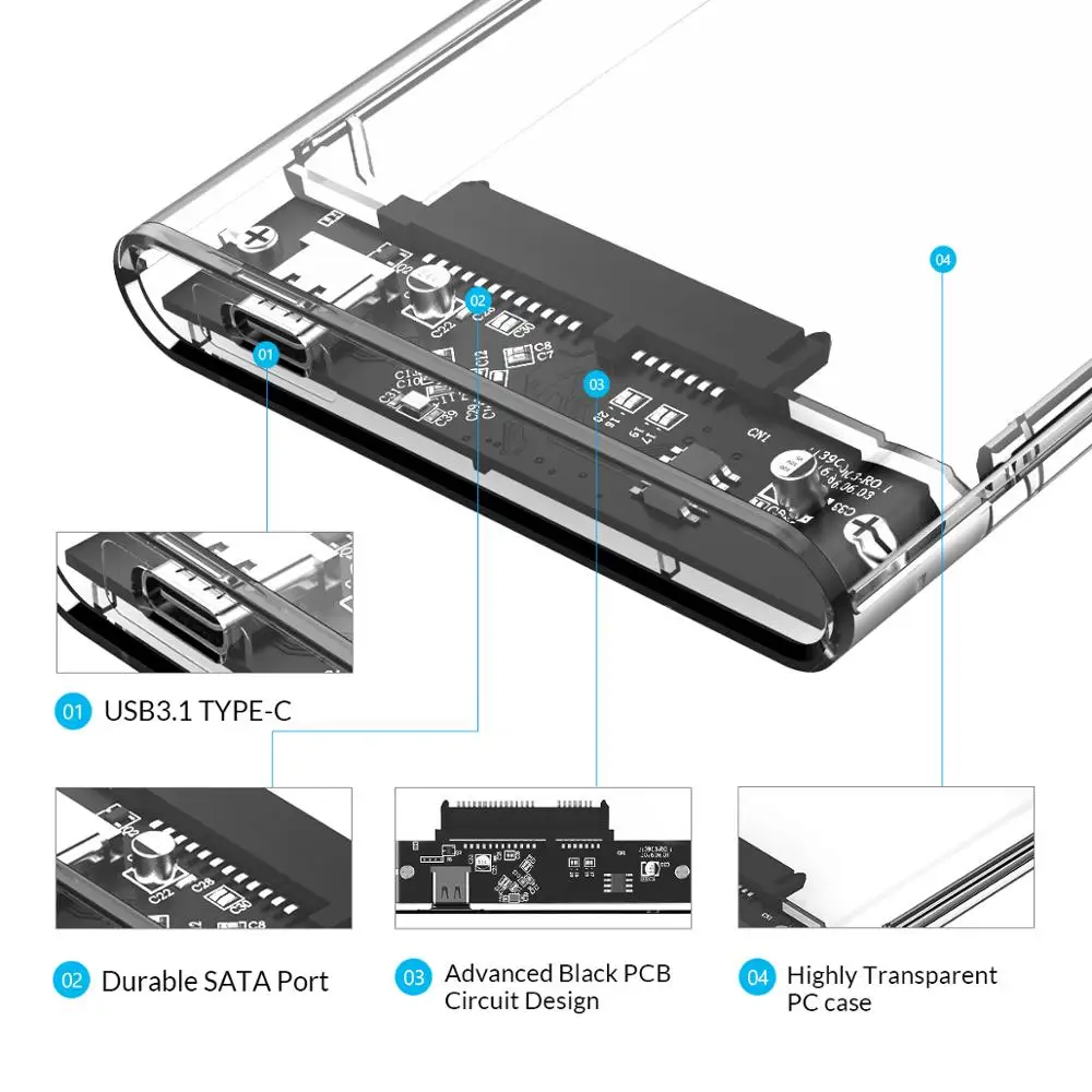 Прозрачный чехол ORICO для жесткого диска/SSD 2 5 дюйма Type C SATA на USB3.1 Gen2 10 Гбит/с корпус