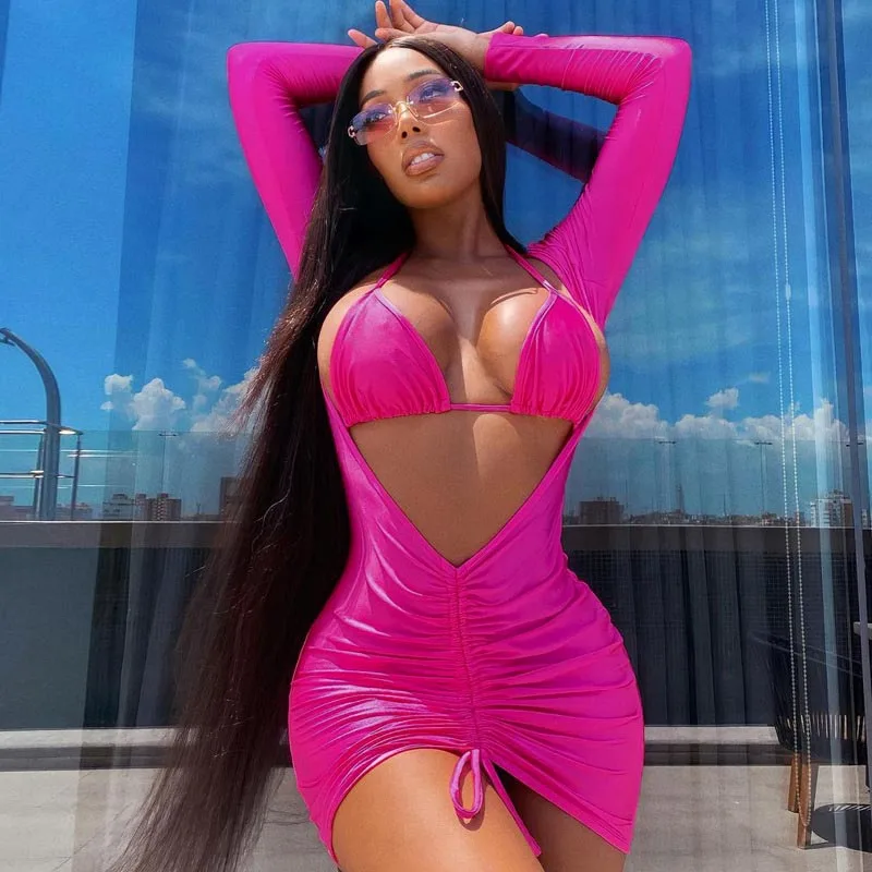 Women Winter Fall 2021 Bodycon Party Solid Mini Dress Drawstring Long Sleeve Ruched Sexy Short Club Dresses Beachwear Female 
Women Winter Fall 2021 Bodycon Party Solid Mini Dress Drawstring Long Sleeve Ruched Sexy Short Club Dresses Beachwear Female