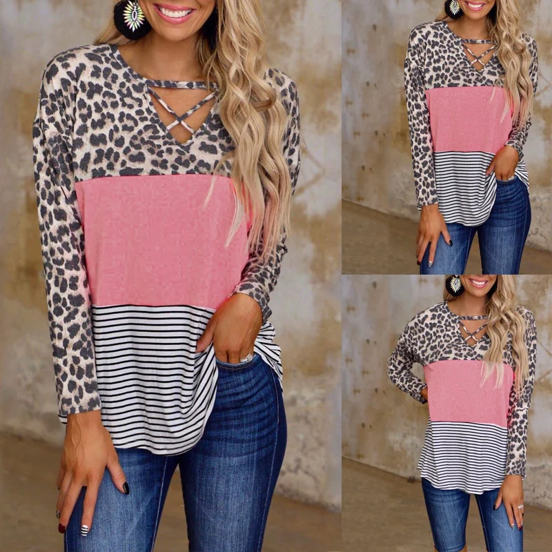 2021 Spring and Summer New European and American Leopard Print Splicing Long Sleeve V-neck Casual T-shirt for Women
2021 Spring and Summer New European and American Leopard Print Splicing Long Sleeve V-neck Casual T-shirt for Women