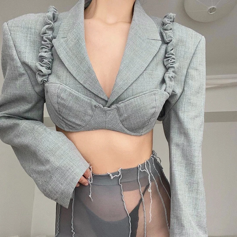 New Sexy Two Piece Crop Bra Vest Blazer Suit Women Gray One Button Long Sleeve Short Coat Ruched Tank Suit Jacket Outwear 
New Sexy Two Piece Crop Bra Vest Blazer Suit Women Gray One Button Long Sleeve Short Coat Ruched Tank Suit Jacket Outwear
