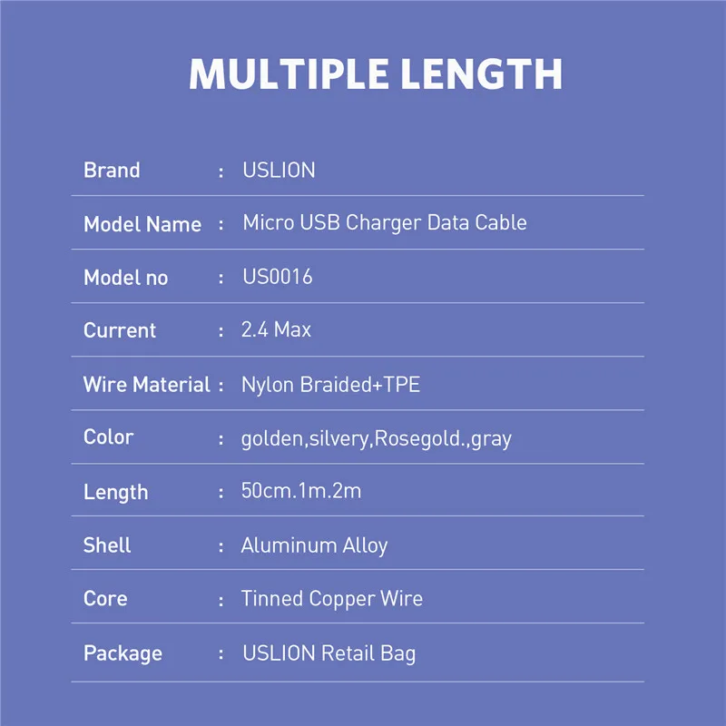 USLION 2.4A Micro USB кабель для samsung Xiaomi huawei Быстрая зарядка зарядное устройство