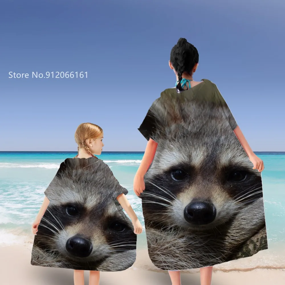 

Raccoon Microfiber Hooded Bath Towel For Kids Adults Cloak Unisex Bathrobe Cute Animal Swimming Beach Towels Beachwear Poncho