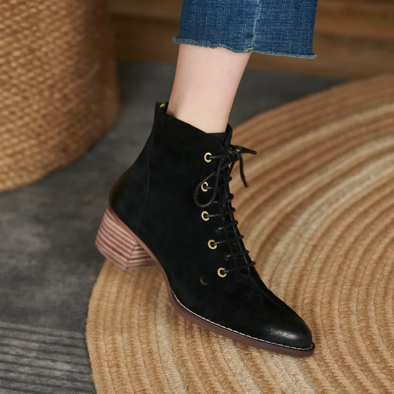 

2021 Winter Women Boots Pointed Toe Ankle Boots Bullock Modern Boots Retro Women Shoes 5cm heels Genuine Leather Chelsea boots
