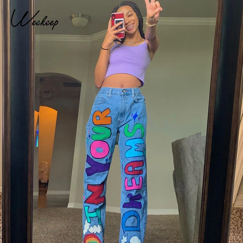 Weekeep Letter Print Fashion Streetwear Jeans Women High Waist Baggy Vintage Straight Trousers Leisure Female Cargo Denim Pants
Weekeep Letter Print Fashion Streetwear Jeans Women High Waist Baggy Vintage Straight Trousers Leisure Female Cargo Denim Pants