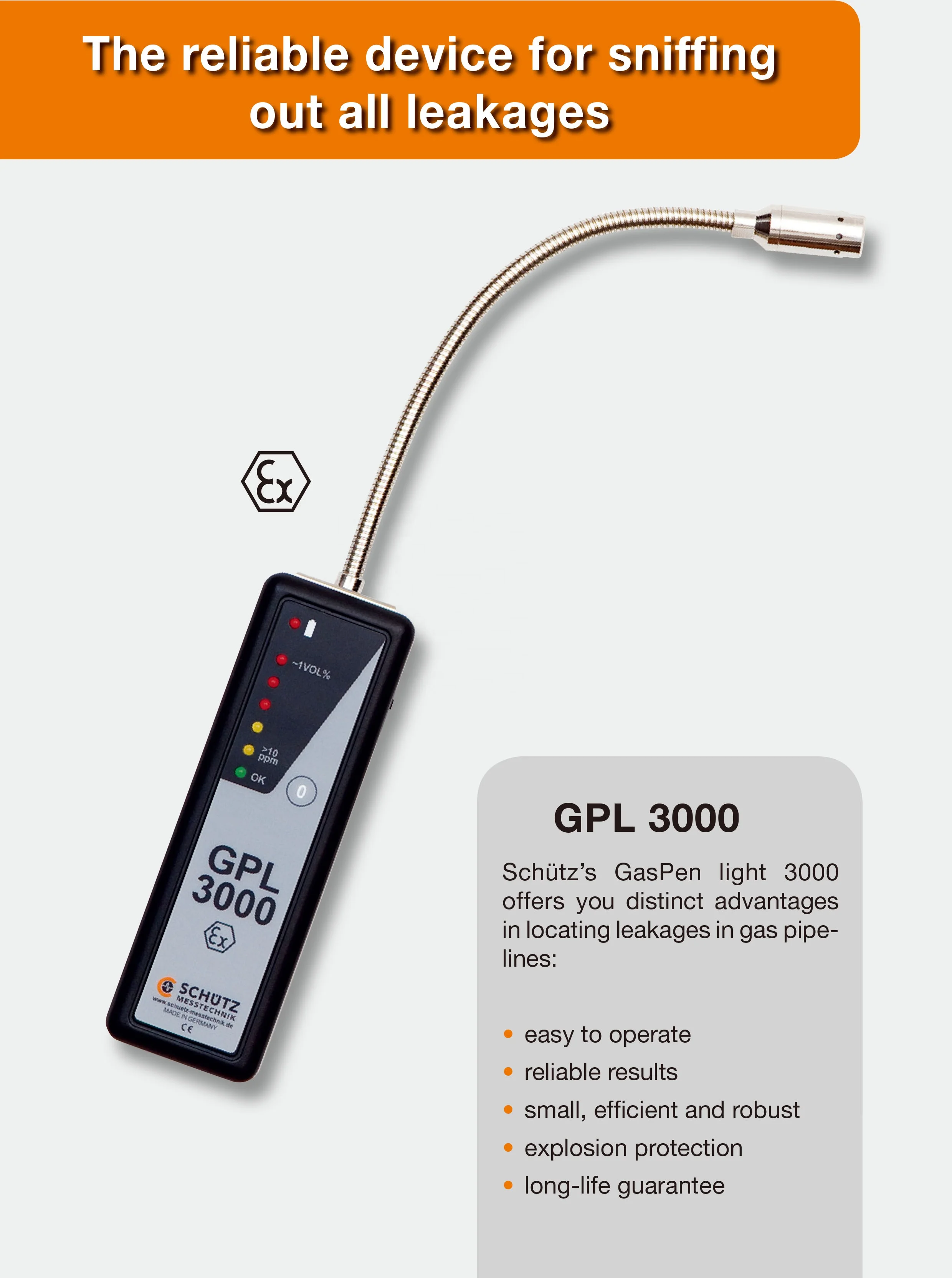 GPL3000EX-Sniffing Visible Alarm for Gas Pipes Explosion-proof with Monitor Methane/LPG/CH4 Portable Gas Leak Detector
GPL3000EX-Sniffing Visible Alarm for Gas Pipes Explosion-proof with Monitor Methane/LPG/CH4 Portable Gas Leak Detector