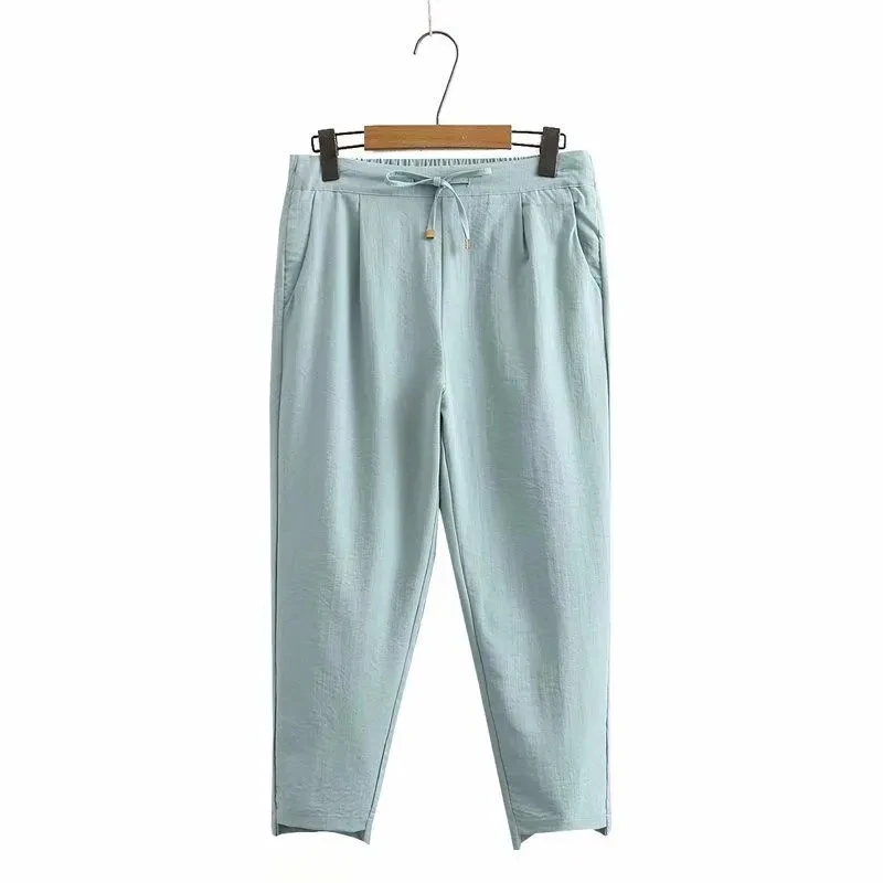 

2021 Summer Thin Ice Silk Imitation Cotton Linen Nine-point Trousers Female Students Korean Loose Casual Pants Harlan Trousers