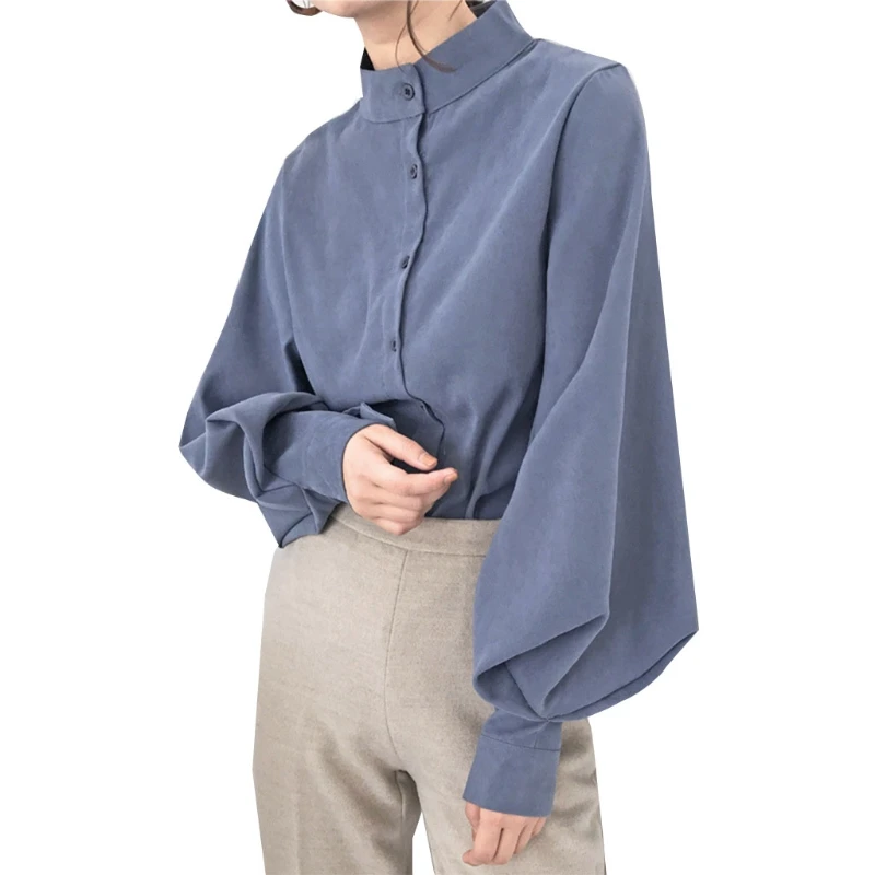 Women Vintage Big Lantern Sleeves Stand Collar Button Down Office Lady Shirts Autumn Brushed Solid Color Casual Loose Tops Stre
Women Vintage Big Lantern Sleeves Stand Collar Button Down Office Lady Shirts Autumn Brushed Solid Color Casual Loose Tops Stre