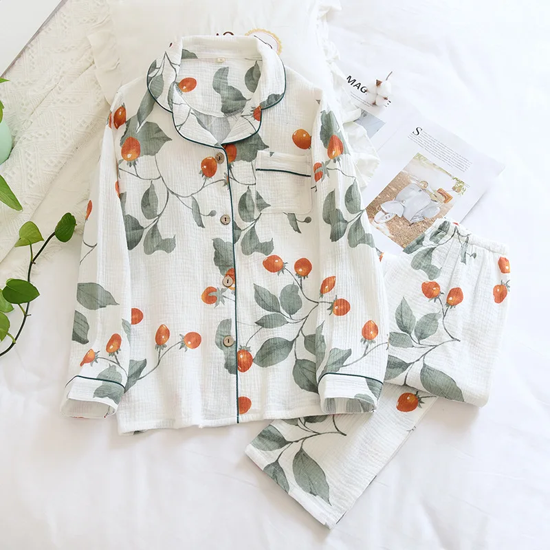 Women Spring Pajamas Cotton Gauze Crepe Sleepwear Long Sleeve Print Two Piece Set Loungewear Thin Casual Loose Home Clothes 2020
Women Spring Pajamas Cotton Gauze Crepe Sleepwear Long Sleeve Print Two Piece Set Loungewear Thin Casual Loose Home Clothes 2020